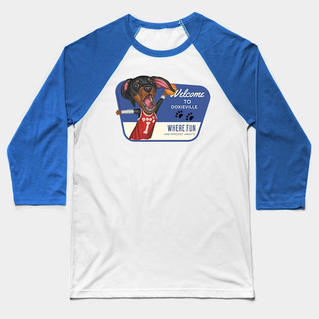 Fun Doxie Dog with Basketball Welcome to Doxieville Baseball T-Shirt by Danny Gordon Art